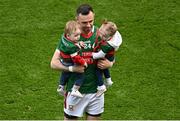 2 July 2023; Kevin McLoughlin of Mayo with his children Odhran, left, and Cadhla after the GAA Football All-Ireland Senior Championship quarter-final match between Dublin and Mayo at Croke Park in Dublin. Photo by Brendan Moran/Sportsfile