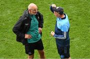 2 July 2023; Mayo selector Liam McHale, left, and Dublin selector Mick Galvin in conversation after the GAA Football All-Ireland Senior Championship quarter-final match between Dublin and Mayo at Croke Park in Dublin. Photo by Brendan Moran/Sportsfile