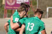 4 July 2023; Matthew Lynch congratulates Brian Gleeson of Ireland, left, after scoring a try during the U20 Rugby World Cup match between Fiji and Ireland at Danie Craven Stadium in Stellenbosch, South Africa. Photo by Nic Bothma/Sportsfile