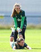 4 July 2023; Grace Moloney, above, and Katie McCabe during a Republic of Ireland women training session at the FAI National Training Centre in Abbotstown, Dublin. Photo by Stephen McCarthy/Sportsfile