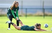 4 July 2023; Grace Moloney, left, and Katie McCabe during a Republic of Ireland women training session at the FAI National Training Centre in Abbotstown, Dublin. Photo by Stephen McCarthy/Sportsfile