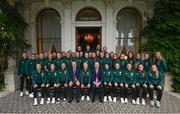 4 July 2023; The Republic of Ireland squad and backroom staff with Minister of State at Department of Tourism, Culture, Arts, Gaeltacht, Sport and Media Thomas Byrne TD and Tánaiste Micheál Martin TD during a Republic of Ireland FIFA Women's World Cup 2023 send-off event at Farmleigh House in the Phoenix Park, Dublin. Photo by Stephen McCarthy/Sportsfile