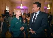 4 July 2023; Republic of Ireland manager Vera Pauw and An Taoiseach Leo Varadkar TD during a Republic of Ireland FIFA Women's World Cup 2023 send-off event at Farmleigh House in the Phoenix Park, Dublin. Photo by Stephen McCarthy/Sportsfile