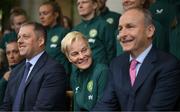 4 July 2023; Manager Vera Pauw, with Minister of State at Department of Tourism, Culture, Arts, Gaeltacht, Sport and Media Thomas Byrne TD, left, and Tánaiste Micheál Martin TD during a Republic of Ireland FIFA Women's World Cup 2023 send-off event at Farmleigh House in the Phoenix Park, Dublin. Photo by Stephen McCarthy/Sportsfile