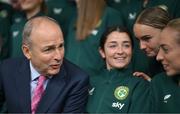 4 July 2023; Republic of Ireland players, from left, Marissa Sheva, Izzy Atkinson and Megan Connolly, with Tánaiste Micheál Martin TD during a Republic of Ireland FIFA Women's World Cup 2023 send-off event at Farmleigh House in the Phoenix Park, Dublin. Photo by Stephen McCarthy/Sportsfile