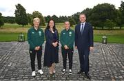 4 July 2023; Republic of Ireland manager Vera Pauw, left, captain Katie McCabe, second right, with minsters Minister for Tourism, Culture, Arts, Gaeltacht, Sport and Media, Catherine Martin TD, and Minister of State at Department of Tourism, Culture, Arts, Gaeltacht, Sport and Media Thomas Byrne TD, during a Republic of Ireland FIFA Women's World Cup 2023 send-off event at Farmleigh House in the Phoenix Park, Dublin. Photo by Stephen McCarthy/Sportsfile
