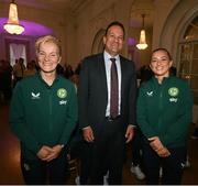 4 July 2023; Republic of Ireland manager Vera Pauw, left, captain Katie McCabe, right, and An Taoiseach Leo Varadkar TD during a Republic of Ireland FIFA Women's World Cup 2023 send-off event at Farmleigh House in the Phoenix Park, Dublin. Photo by Stephen McCarthy/Sportsfile