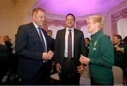 4 July 2023; Manager Vera Pauw in conversation with Minister of State at Department of Tourism, Culture, Arts, Gaeltacht, Sport and Media Thomas Byrne TD, left, and An Taoiseach Leo Varadkar TD during a Republic of Ireland FIFA Women's World Cup 2023 send-off event at Farmleigh House in the Phoenix Park, Dublin. Photo by Stephen McCarthy/Sportsfile
