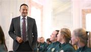 4 July 2023; An Taoiseach Leo Varadkar TD in conversation with Ciara Grant and Kyra Carusa during a Republic of Ireland FIFA Women's World Cup 2023 send-off event at Farmleigh House in the Phoenix Park, Dublin. Photo by Stephen McCarthy/Sportsfile