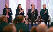 4 July 2023; Tánaiste Micheál Martin TD, Minister for Tourism, Culture, Arts, Gaeltacht, Sport and Media, Catherine Martin TD, An Taoiseach Leo Varadkar TD, and Manager Vera Pauw during a Republic of Ireland FIFA Women's World Cup 2023 send-off event at Farmleigh House in the Phoenix Park, Dublin. Photo by Stephen McCarthy/Sportsfile