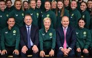 4 July 2023; Manager Vera Pauw, centre, with captain Katie McCabe and Marissa Sheva, in the company of Minister of State at Department of Tourism, Culture, Arts, Gaeltacht, Sport and Media Thomas Byrne TD and Tánaiste Micheál Martin TD during a Republic of Ireland FIFA Women's World Cup 2023 send-off event at Farmleigh House in the Phoenix Park, Dublin. Photo by Stephen McCarthy/Sportsfile