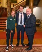 4 July 2023; Captain Katie McCabe, Minister of State at the Department of Transport and at the Department of Environment, Climate and Communications Jack Chambers TD and FAI President Gerry McAnaney during a Republic of Ireland FIFA Women's World Cup 2023 send-off event at Farmleigh House in the Phoenix Park, Dublin. Photo by Stephen McCarthy/Sportsfile