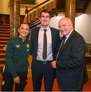 4 July 2023; Captain Katie McCabe, Minister of State at the Department of Transport and at the Department of Environment, Climate and Communications Jack Chambers TD and FAI President Gerry McAnaney during a Republic of Ireland FIFA Women's World Cup 2023 send-off event at Farmleigh House in the Phoenix Park, Dublin. Photo by Stephen McCarthy/Sportsfile