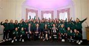 4 July 2023; Republic of Ireland players and staff with Tánaiste Micheál Martin TD, Minister for Tourism, Culture, Arts, Gaeltacht, Sport and Media, Catherine Martin TD, An Taoiseach Leo Varadkar TD, and Manager Vera Pauw during a Republic of Ireland FIFA Women's World Cup 2023 send-off event at Farmleigh House in the Phoenix Park, Dublin. Photo by Stephen McCarthy/Sportsfile