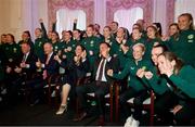 4 July 2023; Republic of Ireland players and staff with Tánaiste Micheál Martin TD, Minister for Tourism, Culture, Arts, Gaeltacht, Sport and Media, Catherine Martin TD, An Taoiseach Leo Varadkar TD, and Manager Vera Pauw during a Republic of Ireland FIFA Women's World Cup 2023 send-off event at Farmleigh House in the Phoenix Park, Dublin. Photo by Stephen McCarthy/Sportsfile