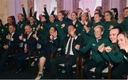 4 July 2023; Republic of Ireland players and staff with Tánaiste Micheál Martin TD, Minister for Tourism, Culture, Arts, Gaeltacht, Sport and Media, Catherine Martin TD, An Taoiseach Leo Varadkar TD, and Manager Vera Pauw during a Republic of Ireland FIFA Women's World Cup 2023 send-off event at Farmleigh House in the Phoenix Park, Dublin. Photo by Stephen McCarthy/Sportsfile