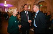 4 July 2023; Manager Vera Pauw, left, An Taoiseach Leo Varadkar TD, centre, and FAI Chief Executive Officer Jonathan Hill during a Republic of Ireland FIFA Women's World Cup 2023 send-off event at Farmleigh House in the Phoenix Park, Dublin. Photo by Stephen McCarthy/Sportsfile