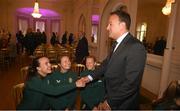 4 July 2023; An Taoiseach Leo Varadkar TD with Republic of Ireland players, from left, Ciara Grant, Kyra Carusa and Diane Caldwell during a Republic of Ireland FIFA Women's World Cup 2023 send-off event at Farmleigh House in the Phoenix Park, Dublin. Photo by Stephen McCarthy/Sportsfile