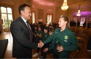 4 July 2023; Ruesha Littlejohn and An Taoiseach Leo Varadkar TD during a Republic of Ireland FIFA Women's World Cup 2023 send-off event at Farmleigh House in the Phoenix Park, Dublin. Photo by Stephen McCarthy/Sportsfile