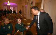 4 July 2023; An Taoiseach Leo Varadkar TD and Izzy Atkinson during a Republic of Ireland FIFA Women's World Cup 2023 send-off event at Farmleigh House in the Phoenix Park, Dublin. Photo by Stephen McCarthy/Sportsfile