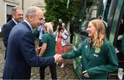 4 July 2023; Tánaiste Micheál Martin TD greets Sophie Whitehouse during a Republic of Ireland FIFA Women's World Cup 2023 send-off event at Farmleigh House in the Phoenix Park, Dublin. Photo by Stephen McCarthy/Sportsfile