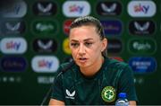 5 July 2023; Katie McCabe during a Republic of Ireland women press conference at Tallaght Stadium in Dublin. Photo by Stephen McCarthy/Sportsfile