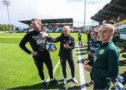 5 July 2023; Manager Vera Pauw and assistant manager Tom Elmes with Marissa Sheva and Sinead Farrelly, right, during a Republic of Ireland women training session at Tallaght Stadium in Dublin. Photo by Stephen McCarthy/Sportsfile