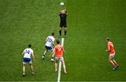 1 July 2023; Referee Conor Lane throws the ball in to start the GAA Football All-Ireland Senior Championship quarter-final match between Armagh and Monaghan at Croke Park in Dublin. Photo by Brendan Moran/Sportsfile