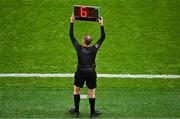 1 July 2023; A sideline official holds up a board to indicate a substitution during the GAA Football All-Ireland Senior Championship quarter-final match between Armagh and Monaghan at Croke Park in Dublin. Photo by Brendan Moran/Sportsfile