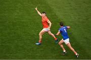 1 July 2023; Rian O'Neill of Armagh, left, celebrates after kicking an equalising point at the end of extra time in the GAA Football All-Ireland Senior Championship quarter-final match between Armagh and Monaghan at Croke Park in Dublin. Photo by Brendan Moran/Sportsfile