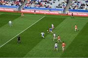 1 July 2023; Armagh goalkeeper Ethan Rafferty takes the ball up the pitch during the GAA Football All-Ireland Senior Championship quarter-final match between Armagh and Monaghan at Croke Park in Dublin. Photo by Brendan Moran/Sportsfile