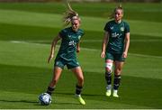 5 July 2023; Jamie Finn, left, and Chloe Mustaki during a Republic of Ireland women training session at Tallaght Stadium in Dublin. Photo by Stephen McCarthy/Sportsfile