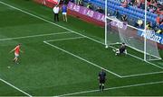 1 July 2023; Rian O'Neill of Armagh scores his side's first penalty past Monaghan goalkeeper Rory Beggan in the penalty shoot out during the GAA Football All-Ireland Senior Championship quarter-final match between Armagh and Monaghan at Croke Park in Dublin Photo by Brendan Moran/Sportsfile