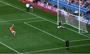 1 July 2023; Shane McPartlan of Armagh scores his side's second penalty past Monaghan goalkeeper Rory Beggan in the penalty shoot out during the GAA Football All-Ireland Senior Championship quarter-final match between Armagh and Monaghan at Croke Park in Dublin Photo by Brendan Moran/Sportsfile