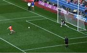 1 July 2023; Shane McPartlan of Armagh scores his side's second penalty past Monaghan goalkeeper Rory Beggan in the penalty shoot out during the GAA Football All-Ireland Senior Championship quarter-final match between Armagh and Monaghan at Croke Park in Dublin Photo by Brendan Moran/Sportsfile