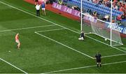 1 July 2023; Rian O'Neill of Armagh scores his side's sixth penalty past Monaghan goalkeeper Rory Beggan in the penalty shoot out during the GAA Football All-Ireland Senior Championship quarter-final match between Armagh and Monaghan at Croke Park in Dublin Photo by Brendan Moran/Sportsfile