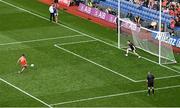 1 July 2023; Shane McPartlan of Armagh scores his side's seventh penalty past Monaghan goalkeeper Rory Beggan in the penalty shoot out during the GAA Football All-Ireland Senior Championship quarter-final match between Armagh and Monaghan at Croke Park in Dublin Photo by Brendan Moran/Sportsfile