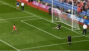 1 July 2023; Rory Grugan of Armagh scores his side's ninth penalty past Monaghan goalkeeper Rory Beggan in the penalty shoot out during the GAA Football All-Ireland Senior Championship quarter-final match between Armagh and Monaghan at Croke Park in Dublin Photo by Brendan Moran/Sportsfile