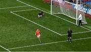 1 July 2023; Shane McPartlan of Armagh celebrates after scoring his side's seventh penalty past Monaghan goalkeeper Rory Beggan in the penalty shoot out during the GAA Football All-Ireland Senior Championship quarter-final match between Armagh and Monaghan at Croke Park in Dublin Photo by Brendan Moran/Sportsfile