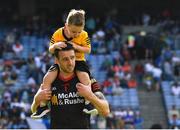 1 July 2023; Tyrone goalkeeper Niall Morgan with his son Christy, age 3, after the GAA Football All-Ireland Senior Championship quarter-final match between Kerry and Tyrone at Croke Park in Dublin. Photo by Piaras Ó Mídheach/Sportsfile