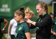 4 July 2023; Sinead Farrelly and StatSports technician Niamh McDaid during a Republic of Ireland women training session at the FAI National Training Centre in Abbotstown, Dublin. Photo by Stephen McCarthy/Sportsfile