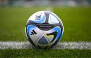 6 July 2023; A general view of an adidas FIFA Women's World Cup and Republic of Ireland branded matchball before the women's international friendly match between Republic of Ireland and France at Tallaght Stadium in Dublin. Photo by Stephen McCarthy/Sportsfile