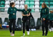 6 July 2023; Republic of Ireland players, from left, Niamh Fahey, Denise O'Sullivan and Grace Moloney walk the pitch before the women's international friendly match between Republic of Ireland and France at Tallaght Stadium in Dublin. Photo by Brendan Moran/Sportsfile