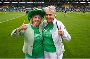 6 July 2023; Memebers of the 1973 Republic of Ireland women's team Linda Gorman, left, and Paula Gorham before the women's international friendly match between Republic of Ireland and France at Tallaght Stadium in Dublin. Photo by Stephen McCarthy/Sportsfile