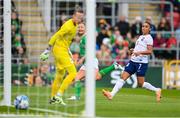 6 July 2023; Kyra Carusa of Republic of Ireland scores a goal which is ruled out for offside past France goalkeeper Solene Durand under pressure from Sakina Karchaoui of France during the women's international friendly match between Republic of Ireland and France at Tallaght Stadium in Dublin. Photo by Stephen McCarthy/Sportsfile