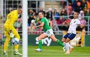 6 July 2023; Kyra Carusa of Republic of Ireland scores a goal which is ruled out for offside past France goalkeeper Solene Durand under pressure from Sakina Karchaoui of France during the women's international friendly match between Republic of Ireland and France at Tallaght Stadium in Dublin. Photo by Stephen McCarthy/Sportsfile