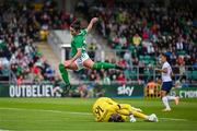 6 July 2023; Marissa Sheva of Republic of Ireland in action against Pauline Peyraud-Magnin of France during the women's international friendly match between Republic of Ireland and France at Tallaght Stadium in Dublin. Photo by Stephen McCarthy/Sportsfile