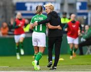 6 July 2023; Katie McCabe of Republic of Ireland with Republic of Ireland manager Vera Pauw as she goes off injured during the women's international friendly match between Republic of Ireland and France at Tallaght Stadium in Dublin. Photo by Stephen McCarthy/Sportsfile