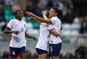 6 July 2023; Eugenie Le Sommer of France, centre, celebrates with teammate Kenza Dali after scoring her side's second goal during the women's international friendly match between Republic of Ireland and France at Tallaght Stadium in Dublin. Photo by Brendan Moran/Sportsfile