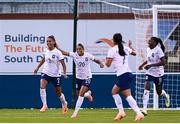 6 July 2023; Maelle Lakrar of France, left, celebrates with teammates after scoring her side's third goal during the women's international friendly match between Republic of Ireland and France at Tallaght Stadium in Dublin. Photo by Stephen McCarthy/Sportsfile